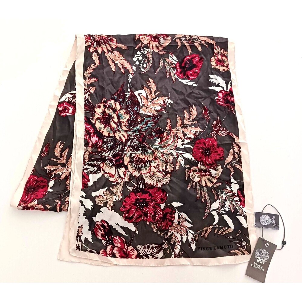 NWT Vince Camuto Rect Scarf Silk Blend Brown Tan Red Floral Print